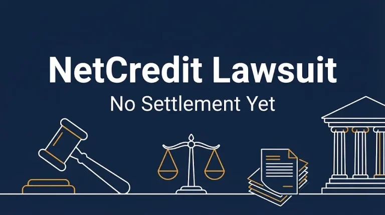 NetCredit lawsuit banner with gavel and scales noting no settlement yet in 2026