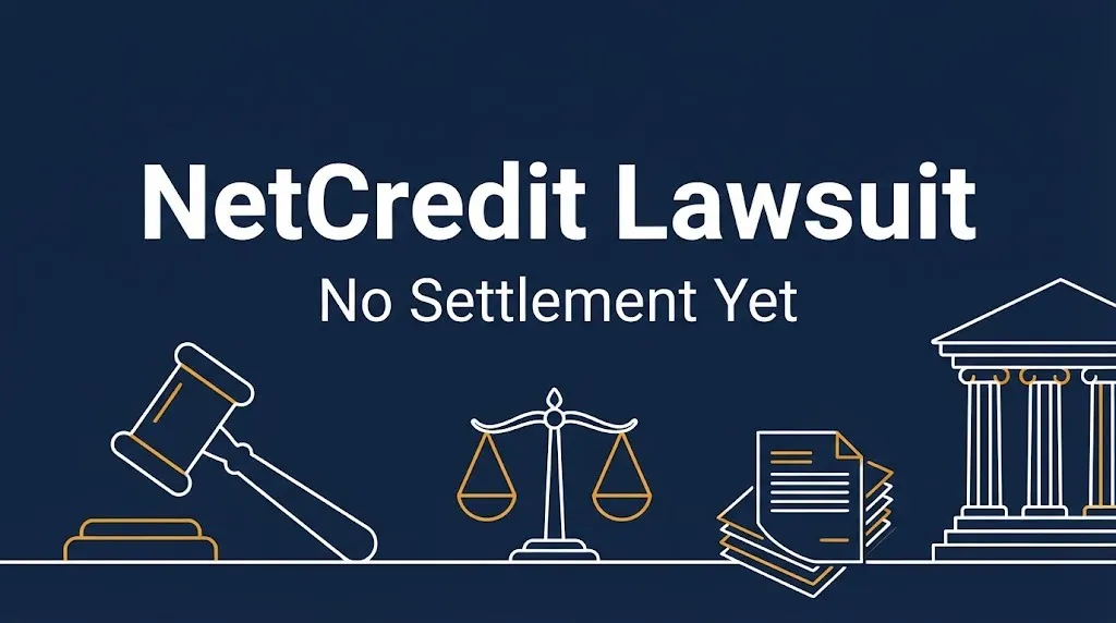 NetCredit lawsuit banner with gavel and scales noting no settlement yet in 2026