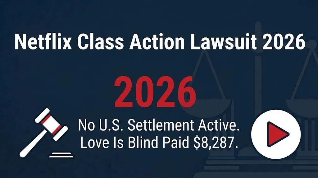 Netflix class action lawsuit 2026 banner showing no active U.S. settlement and Love Is Blind payout details.