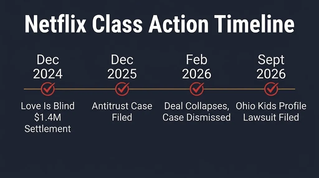 Netflix class action timeline graphic showing 2024 through 2026 key dates and case statuses.