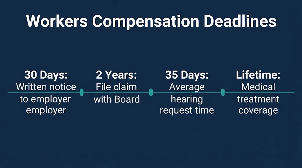 New York workers compensation deadlines timeline showing 30-day notice and 2-year filing requirements.