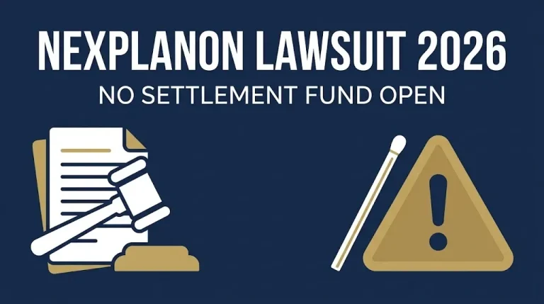 Nexplanon lawsuit 2026 banner noting no settlement fund is open for implant injury claims.
