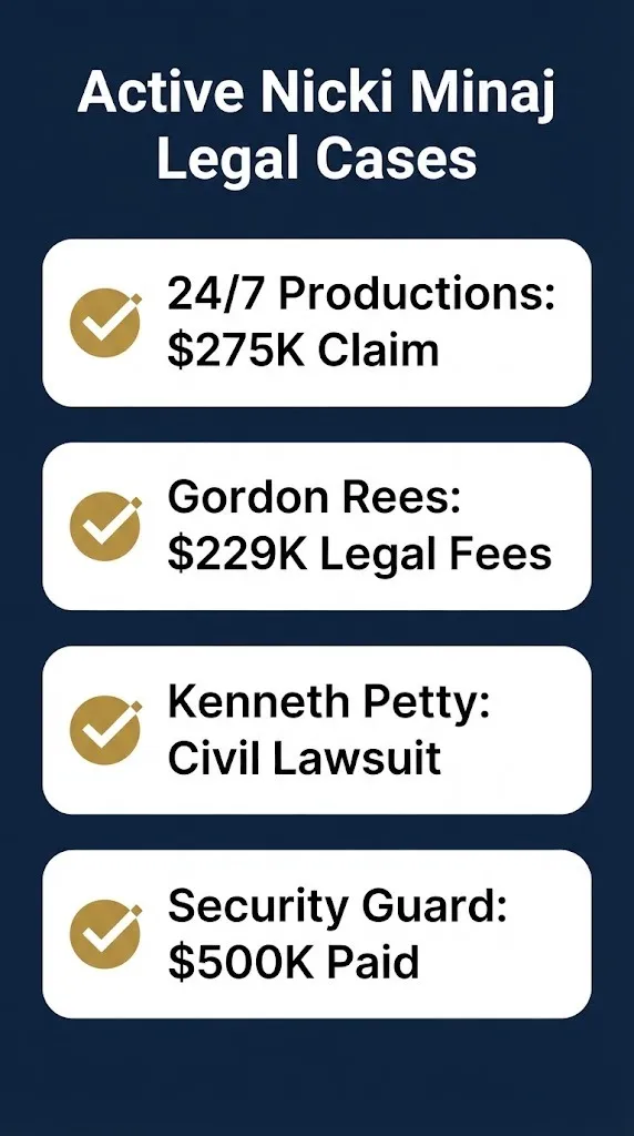 Nicki Minaj active legal cases checklist showing production debt legal fees and husband lawsuit