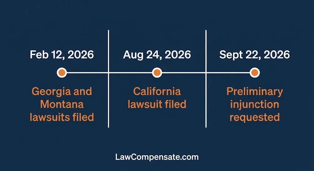 Nightingale College lawsuit timeline showing 2026 filing dates for California, Georgia, and Montana cases.
