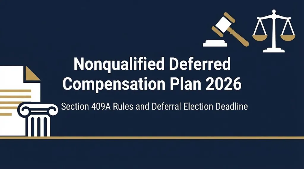 Nonqualified deferred compensation plan 2026 hero banner showing Section 409A rules and deferral deadline.