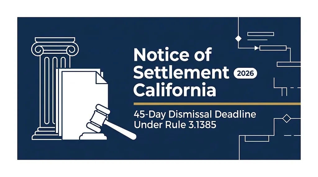 Notice of settlement California 2026 banner with 45-day dismissal deadline and courthouse imagery.