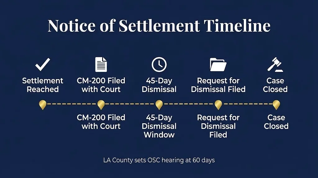 Notice of settlement California timeline showing settlement, CM-200 filing, 45-day dismissal window, and case closure.
