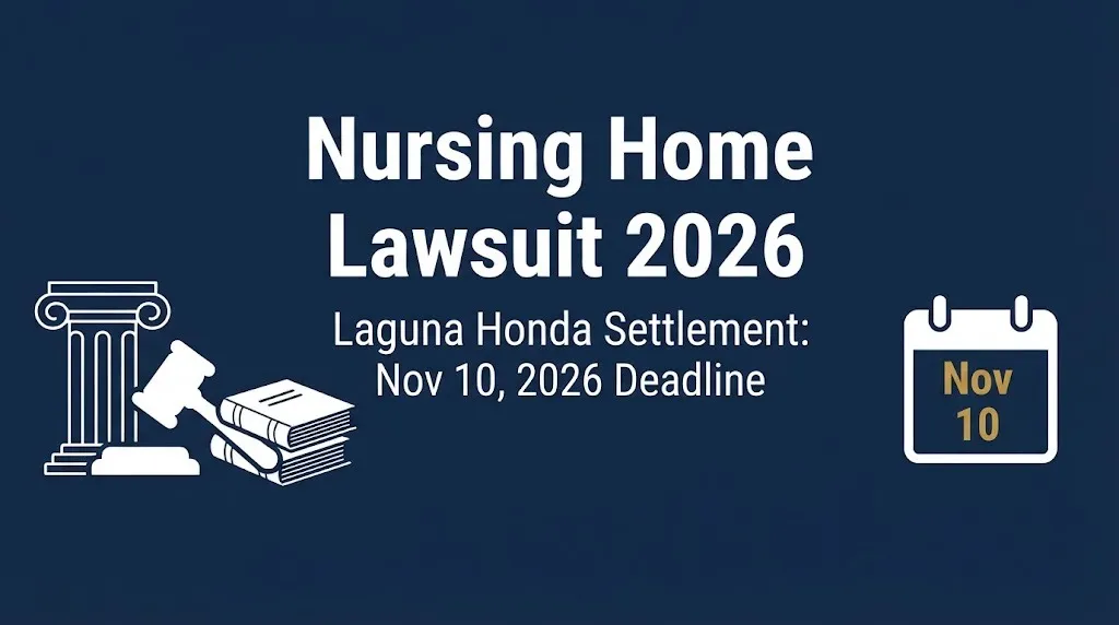 Nursing home lawsuit 2026 banner with Laguna Honda settlement deadline November 10, 2026