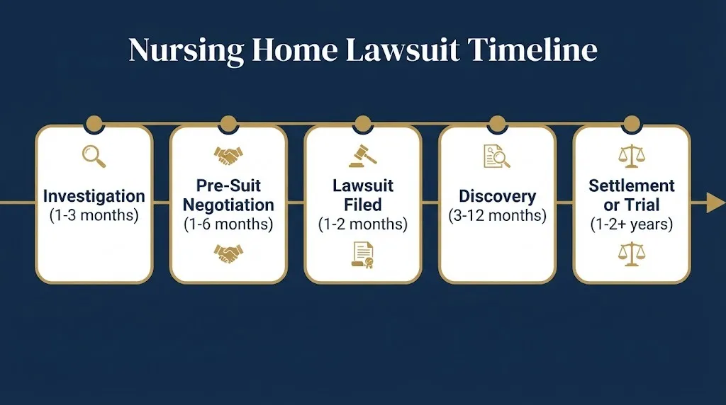 Nursing home lawsuit timeline showing investigation negotiation discovery and settlement stages