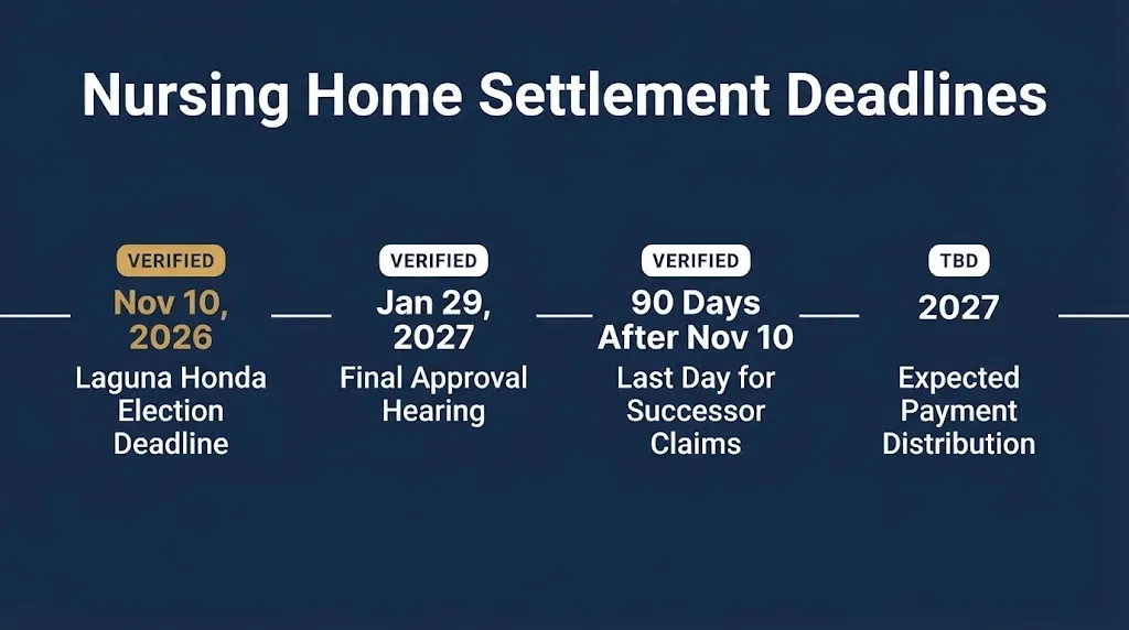 Nursing home lawsuit timeline with verified 2026 and 2027 settlement deadlines