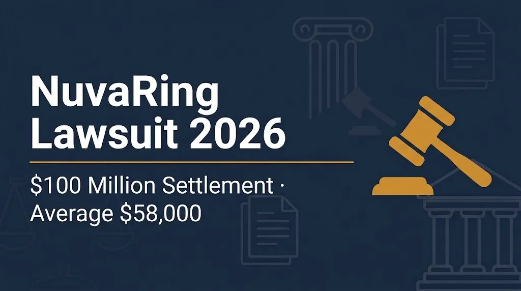 NuvaRing lawsuit 2026 banner showing $100 million settlement and average $58,000 payout.