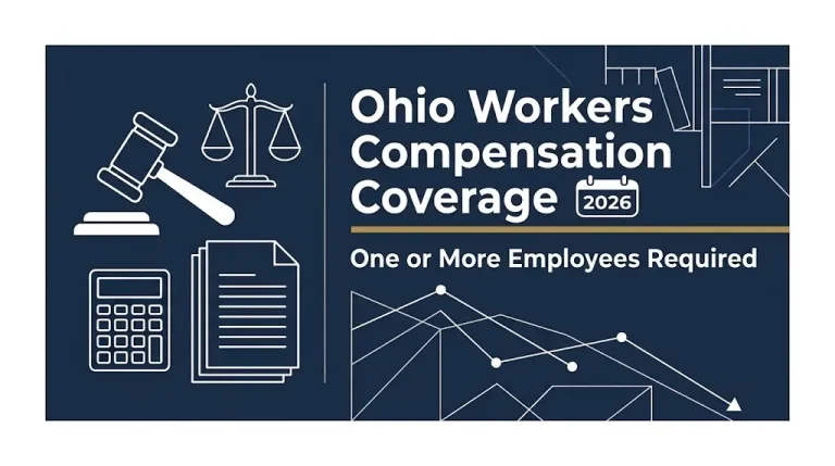 Ohio workers compensation coverage 2026 banner with one or more employees requirement and legal imagery.