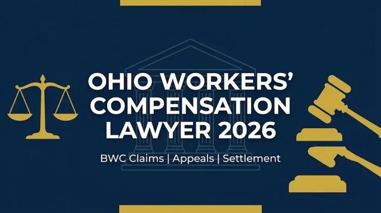 Ohio workers compensation lawyer 2026 hero banner with gavel and scales on navy background