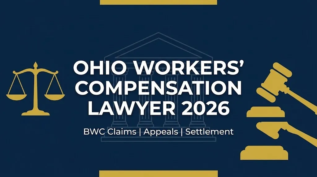 Ohio workers compensation lawyer 2026 hero banner with gavel and scales on navy background