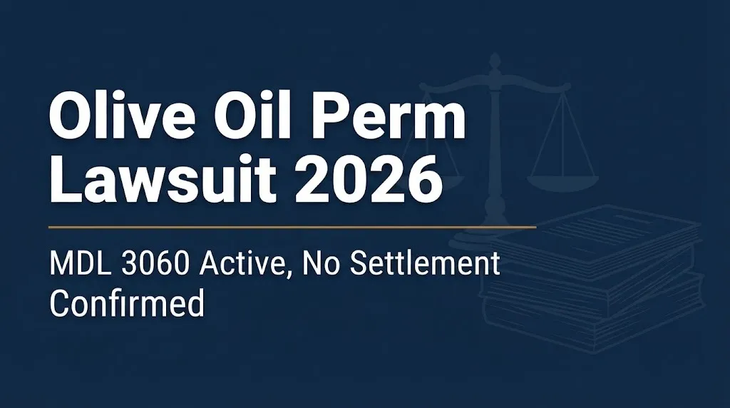 Olive oil perm lawsuit 2026 banner showing MDL 3060 status and no confirmed settlement.