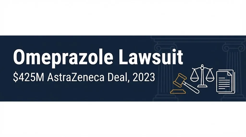 Omeprazole lawsuit banner showing the $425M AstraZeneca settlement from 2023 beside a gavel and scales.