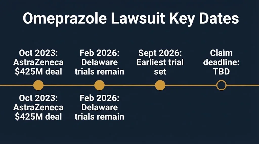 Omeprazole lawsuit timeline from the October 2023 AstraZeneca deal to the September 2026 Delaware trial date.