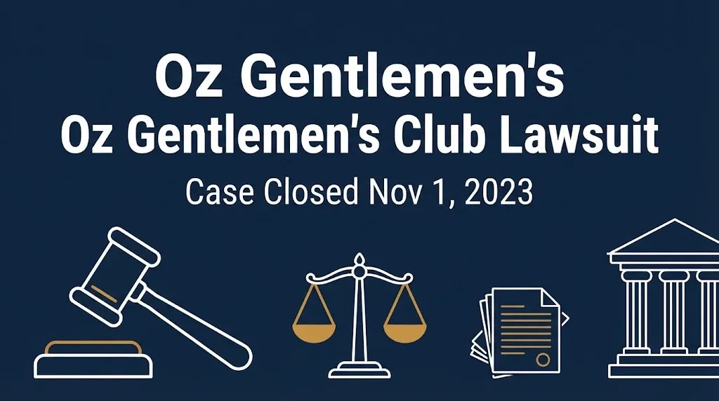 Oz Gentlemen's Club lawsuit banner with gavel and scales noting the case closed November 1, 2023