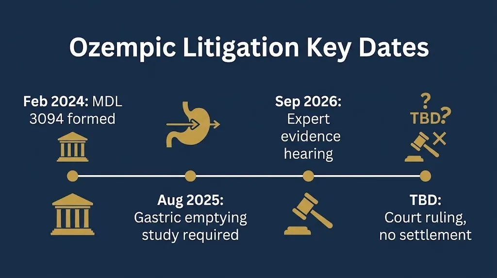 Ozempic lawsuit timeline showing MDL formation, testing requirement, and September 2026 expert hearing