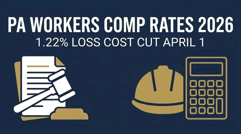 PA workers compensation insurance rates 2026 banner showing 1.22 percent loss cost decrease effective April 1.