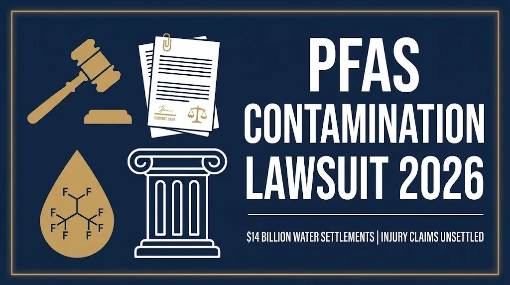 PFAS contamination lawsuit 2026 banner showing $14 billion water settlements and unsettled injury claims.