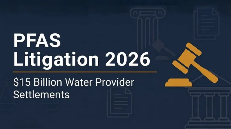 PFAS litigation 2026 banner showing $15 billion water provider settlements.