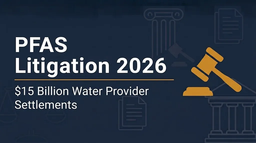PFAS litigation 2026 banner showing $15 billion water provider settlements.