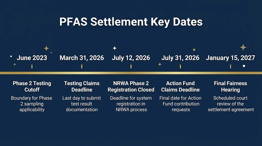PFAS settlement timeline for 2026 showing key deadlines and final approval hearing date