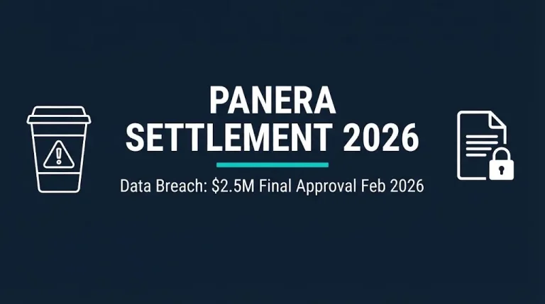 Panera settlement 2026 guide banner showing $2.5 million data breach settlement and Charged Lemonade lawsuits.