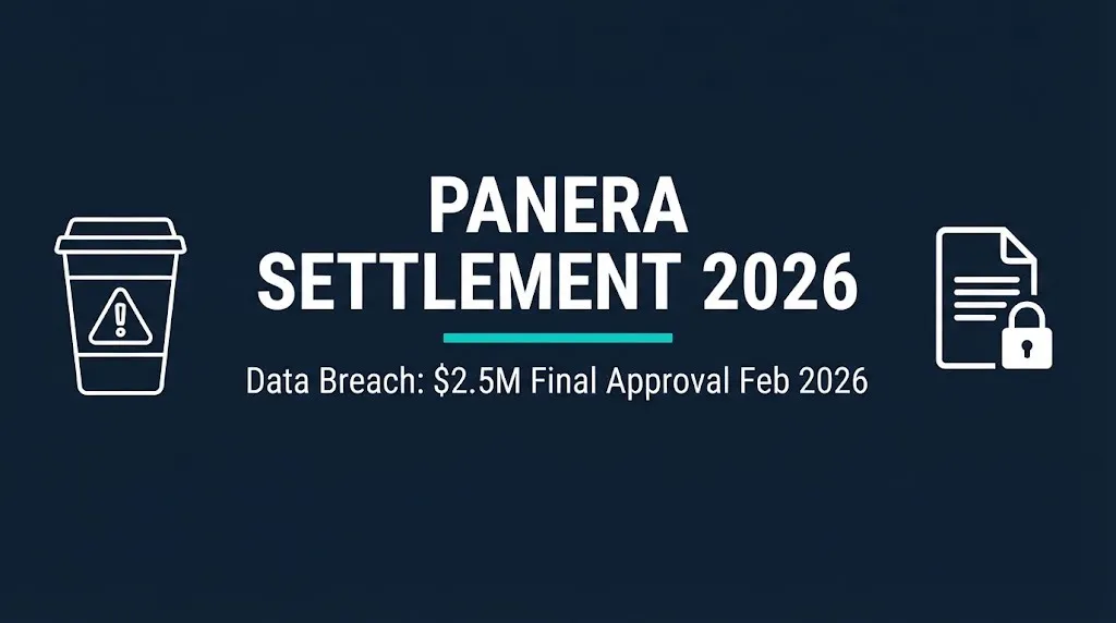Panera settlement 2026 guide banner showing $2.5 million data breach settlement and Charged Lemonade lawsuits.