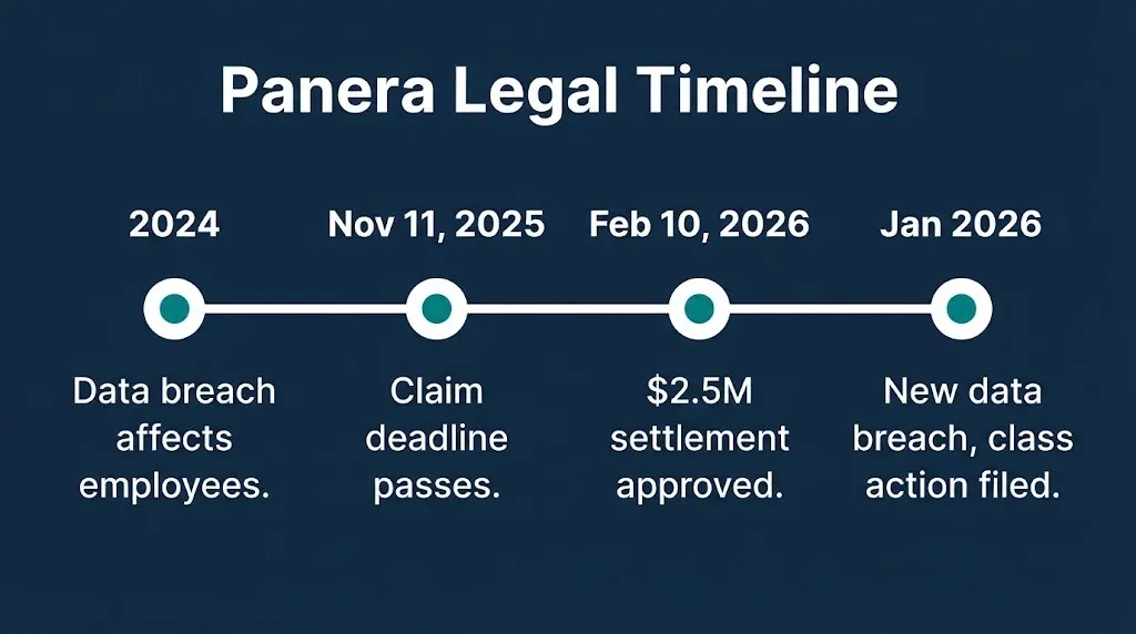 Panera settlement timeline graphic showing 2024 breach, 2025 claim deadline, 2026 approval, and new breach.