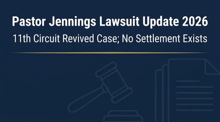 Pastor Jennings lawsuit update 2026 banner noting 11th Circuit revival and no settlement.