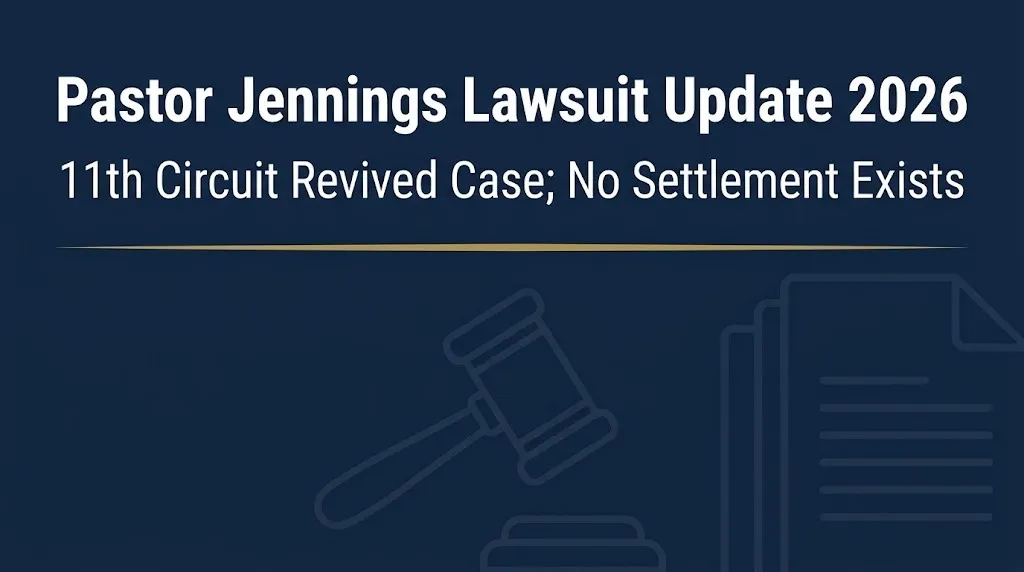 Pastor Jennings lawsuit update 2026 banner noting 11th Circuit revival and no settlement.