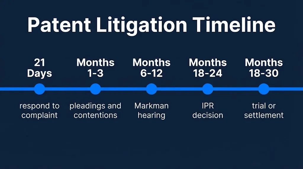 Patent litigation 2026 timeline graphic showing key milestones from complaint response through trial.