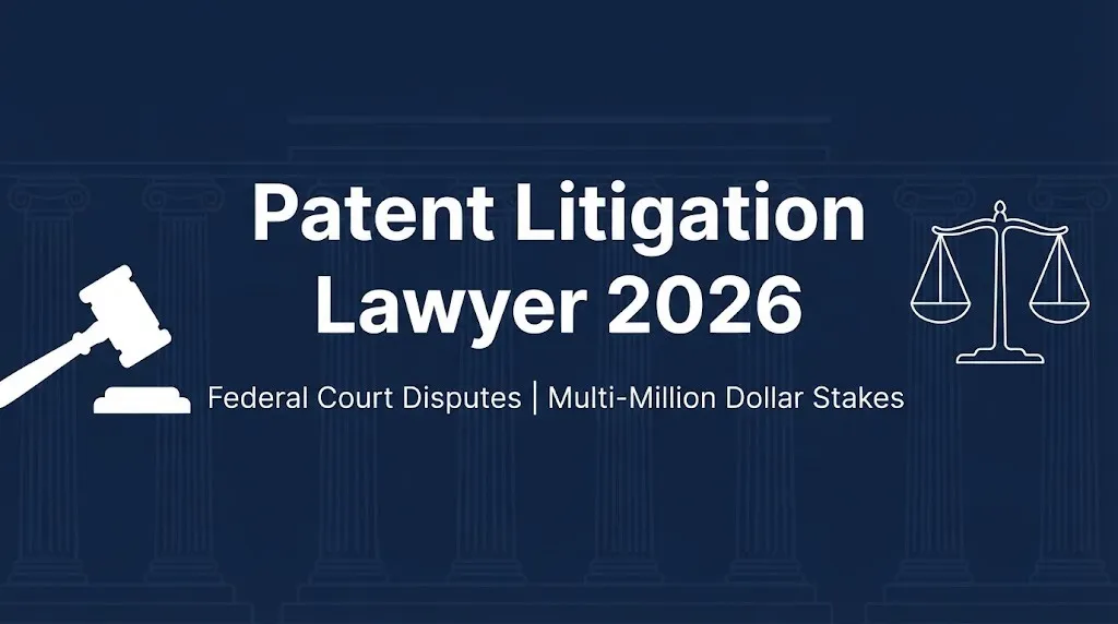 Patent litigation lawyer 2026 hero banner with gavel and scales imagery on navy background.
