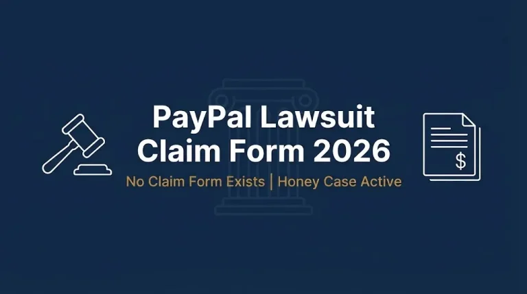 PayPal lawsuit claim form 2026 banner showing no claim form exists and Honey case active.