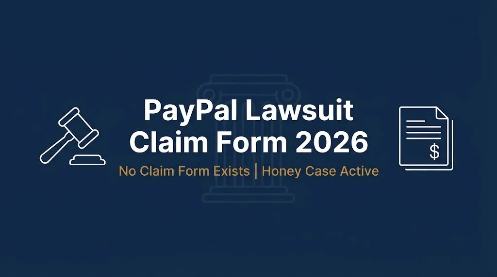 PayPal lawsuit claim form 2026 banner showing no claim form exists and Honey case active.