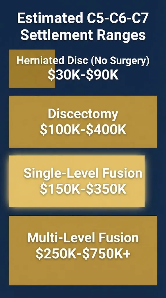 Payout tiers for C5-C6-C7 neck surgery settlements showing ranges by injury type.
