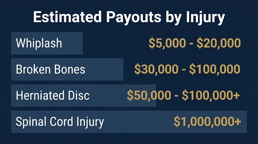 Payout tiers for car accident injury settlements 2026 by injury type from whiplash to spinal cord