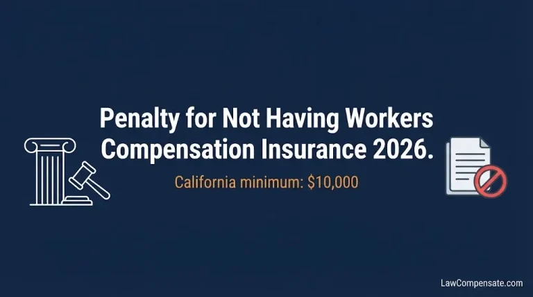 Penalty for not having workers compensation insurance 2026 infographic with California $10,000 minimum penalty.
