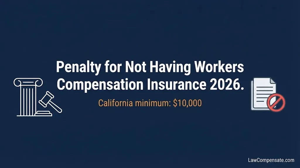 Penalty for not having workers compensation insurance 2026 infographic with California $10,000 minimum penalty.