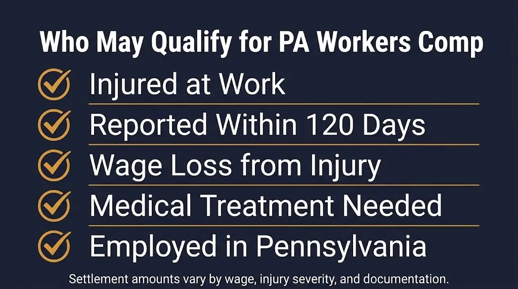 Pennsylvania workers comp eligibility checklist graphic showing who may qualify for benefits in 2026.