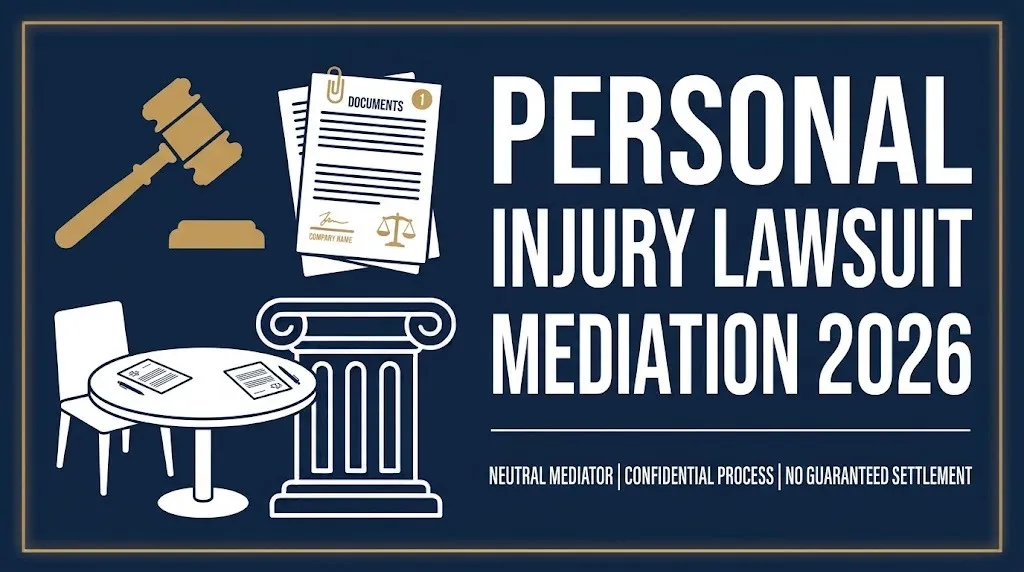 Personal injury lawsuit mediation 2026 banner showing neutral mediator process and confidentiality.