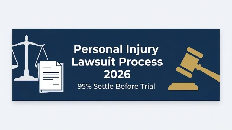 Personal injury lawsuit process 2026 hero banner with gavel, scales, and 95 percent settlement statistic