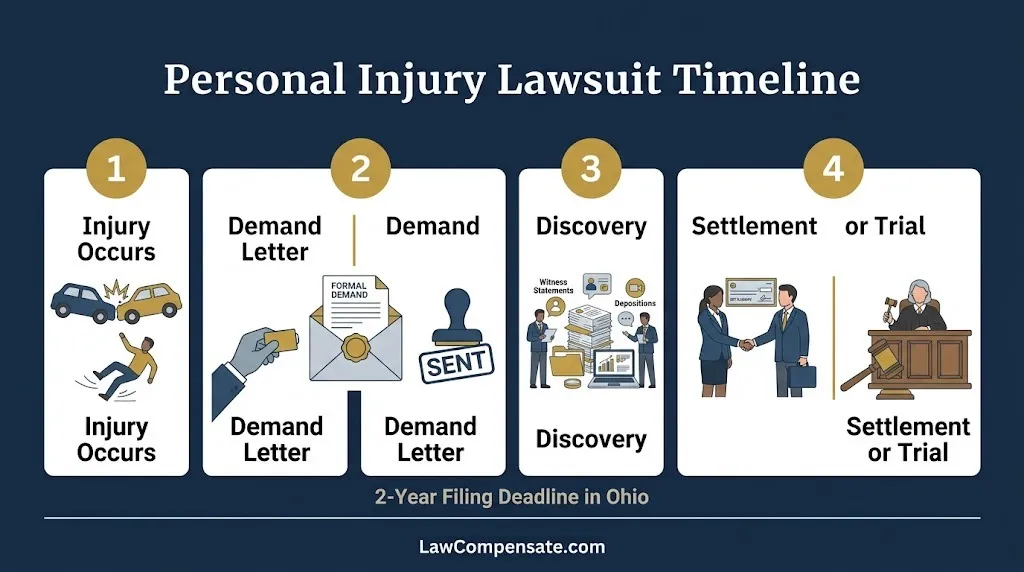 Personal injury lawsuit timeline infographic with four stages and Ohio two-year filing deadline