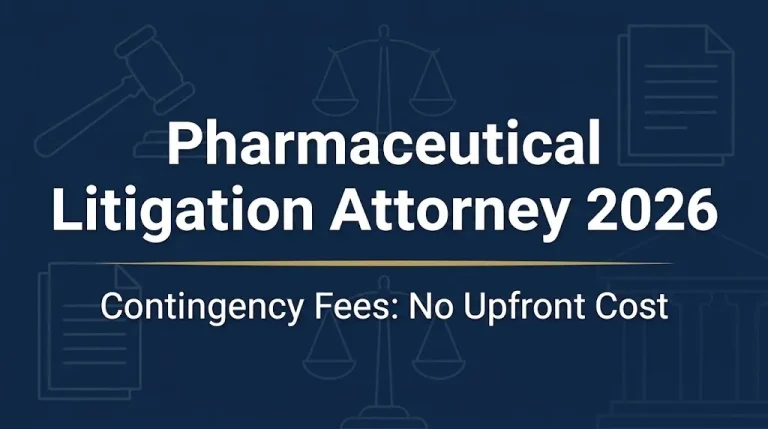 Pharmaceutical litigation attorney 2026 banner showing contingency fee, no upfront cost.