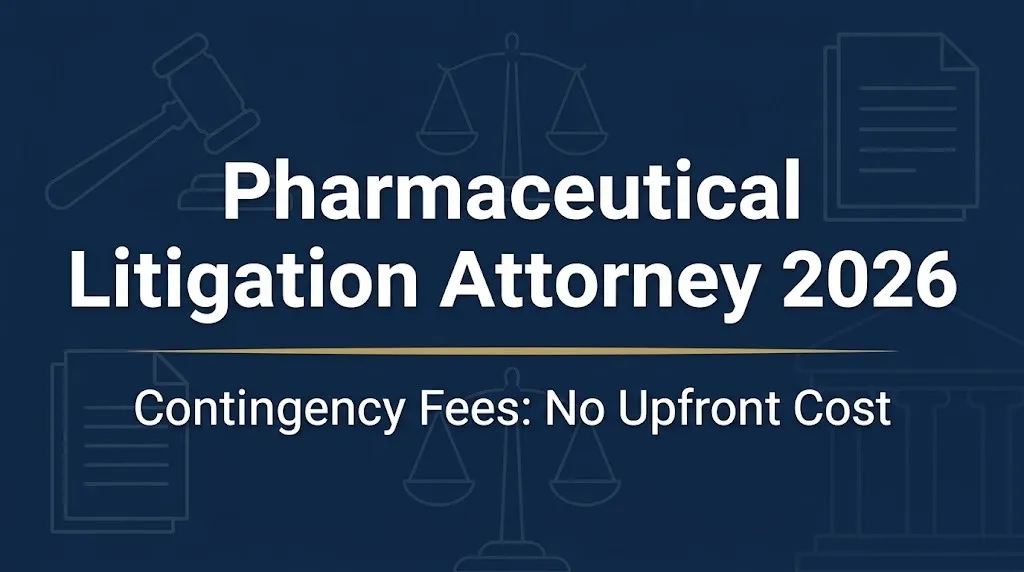 Pharmaceutical litigation attorney 2026 banner showing contingency fee, no upfront cost.