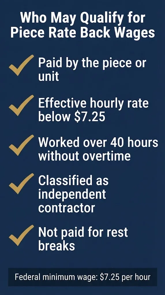 Piece rate pay eligibility checklist for 2026 showing five criteria for unpaid wage claims.