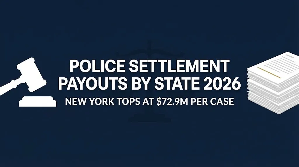 Police settlement payouts by state 2026 infographic banner showing New York highest average