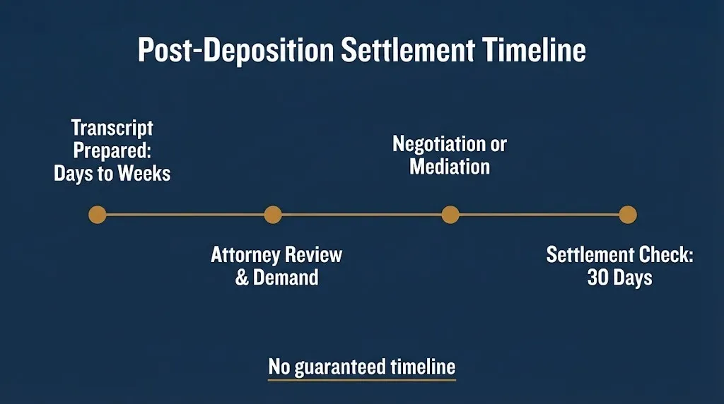 Post-deposition settlement timeline showing transcript prep, negotiation, and check delivery stages.